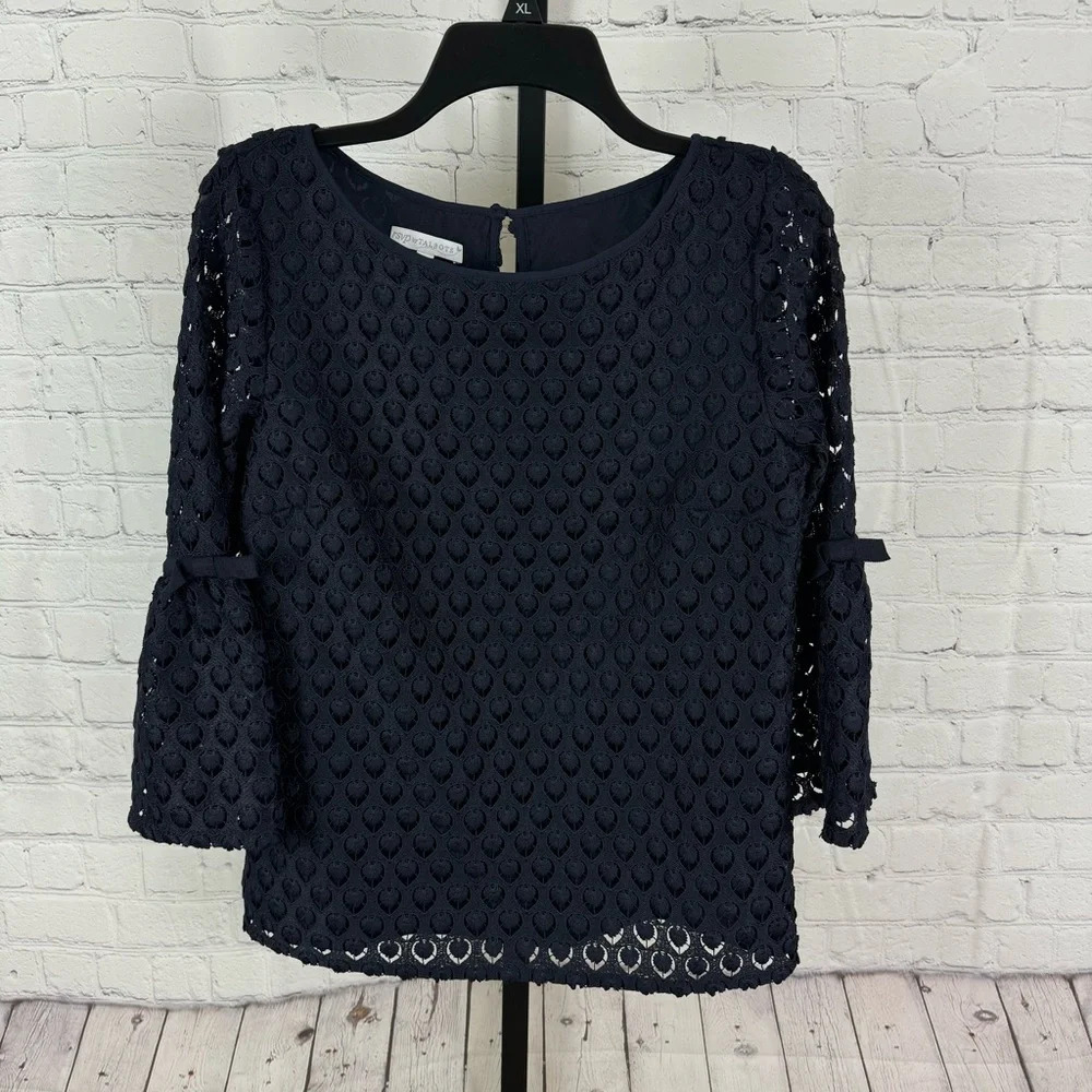 Talbots RSVP Navy Blue Eyelet Lace Bell Sleeve Top Blouse Size XS